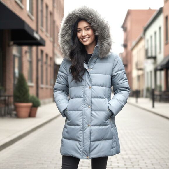 Kate Spade Coat Quilted Faux Fur Hood Down Puffer Blue Gray Size M Winter Jacket - Picture 2 of 14